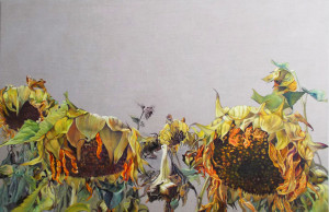 Mary Warner,"Sisters"sunflower series, 40" hx60"w, oil on linen